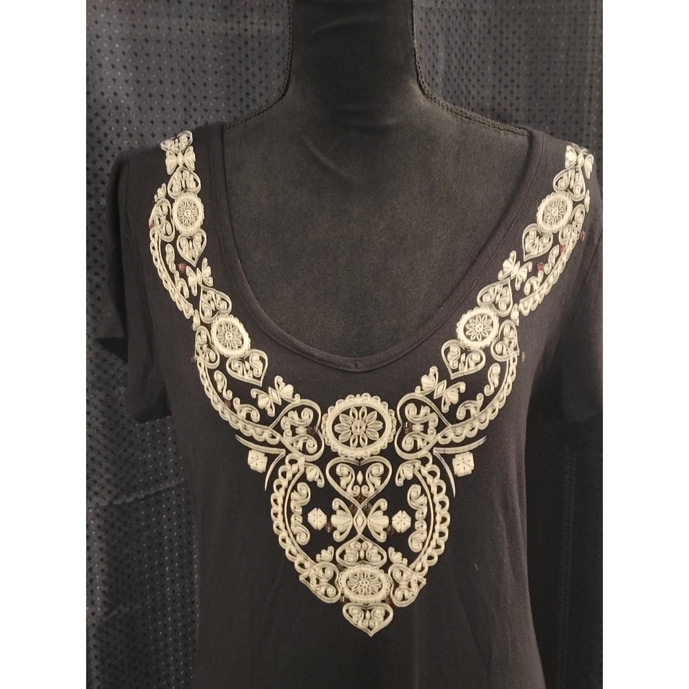 Black White Medallion Print V-Neck Short Sleeve T-Shirt Mini Dress Boho Casual - Picture 2 of 6